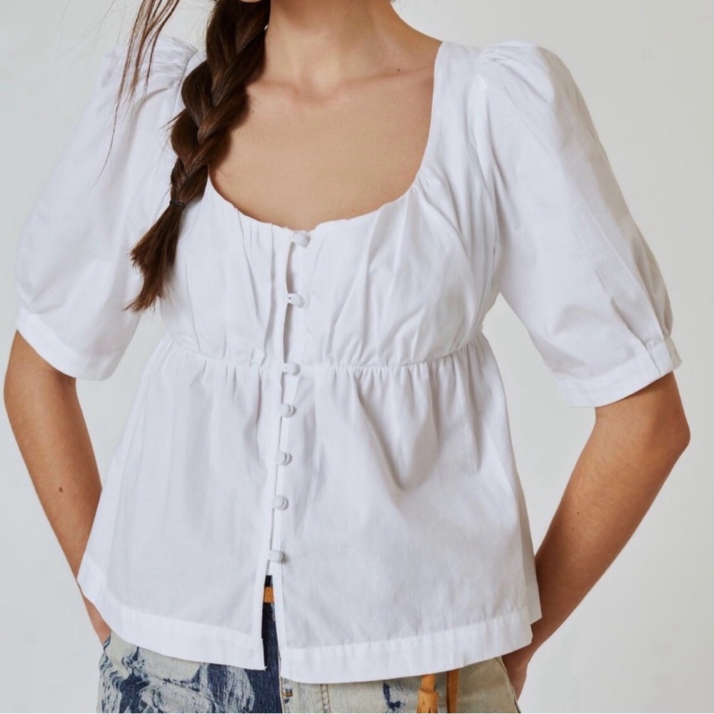 Anthropologie White Puff-Sleeve Button-Front Blouse
